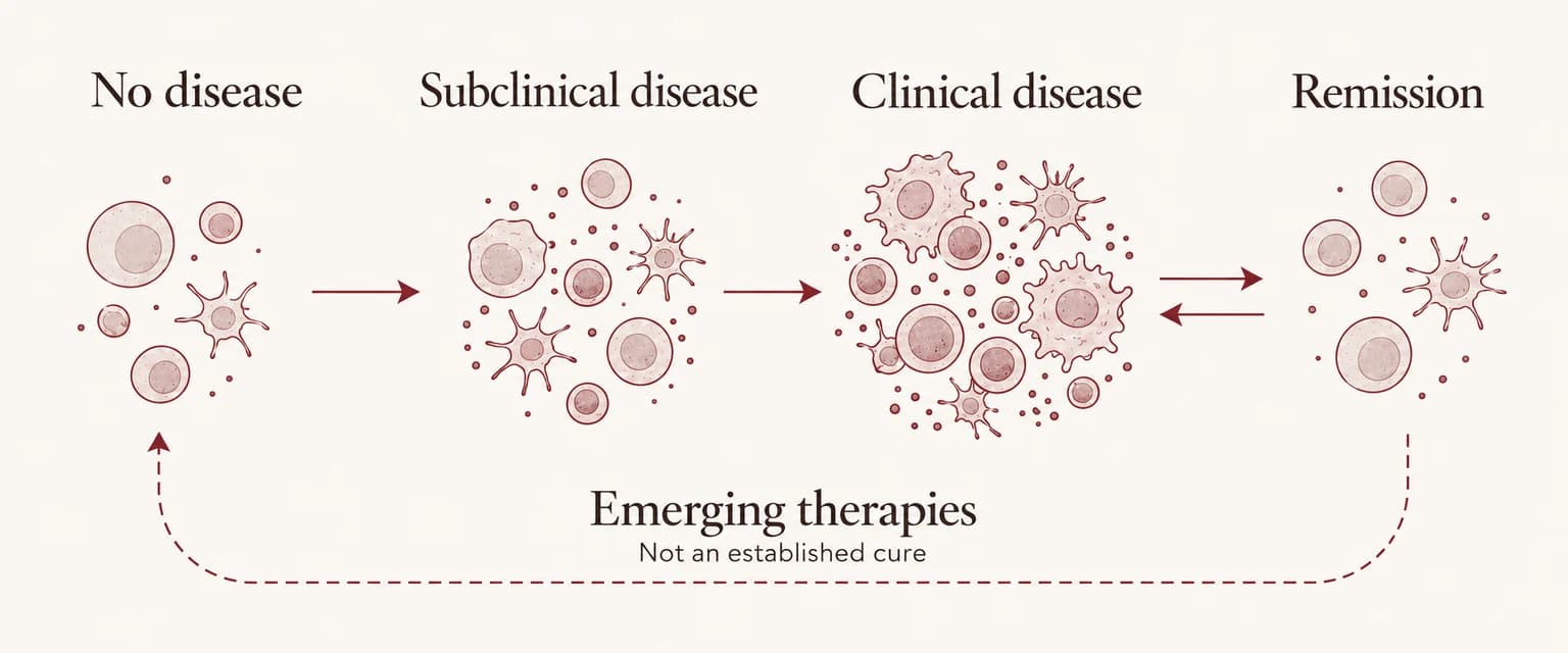 Conceptual sequence: no disease to subclinical disease to clinical disease, with movement between clinical disease and remission. A dashed return path toward no disease is labeled Emerging therapies, with the qualification Not an established cure.