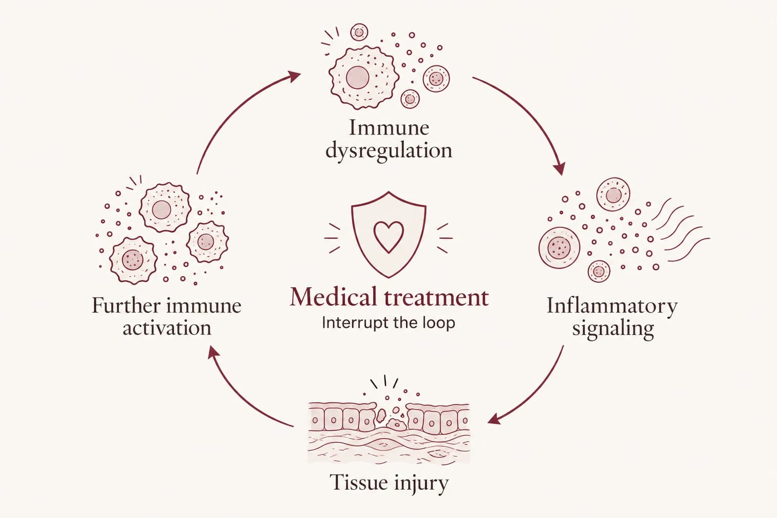 A clockwise loop connects immune dysregulation, inflammatory signaling, tissue injury, and further immune activation. Medical treatment is shown at the center as a way to interrupt the loop.